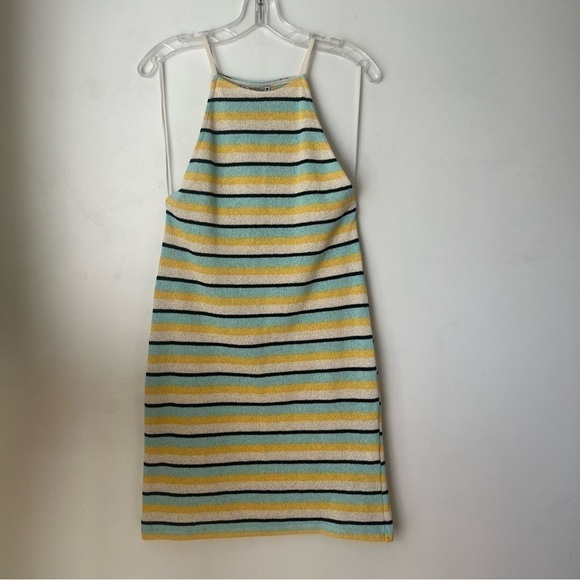 Zara Rustic Halter Neck Dress Blue Yellow Striped Knit Mini Dress M NWT - Picture 3 of 6